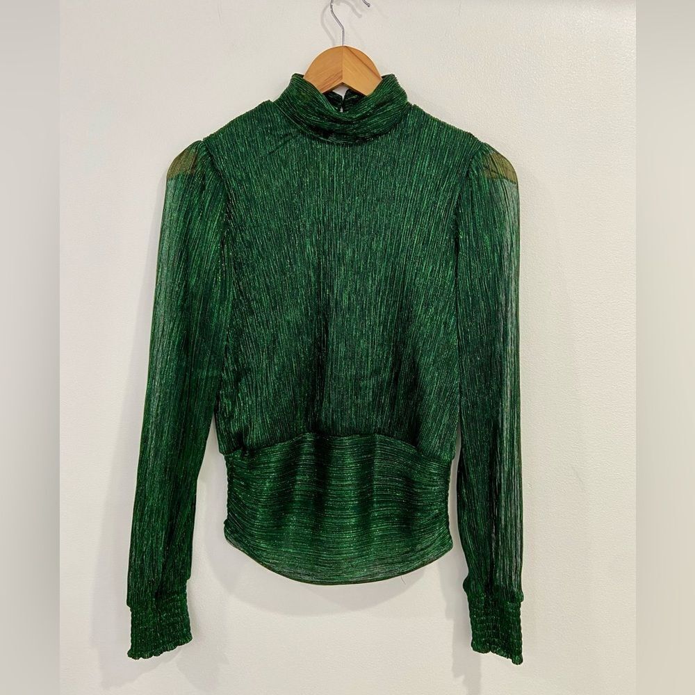 Bailey 44 Metallic Green Crinkled Silky Puff Shoulder Blouse Size Small